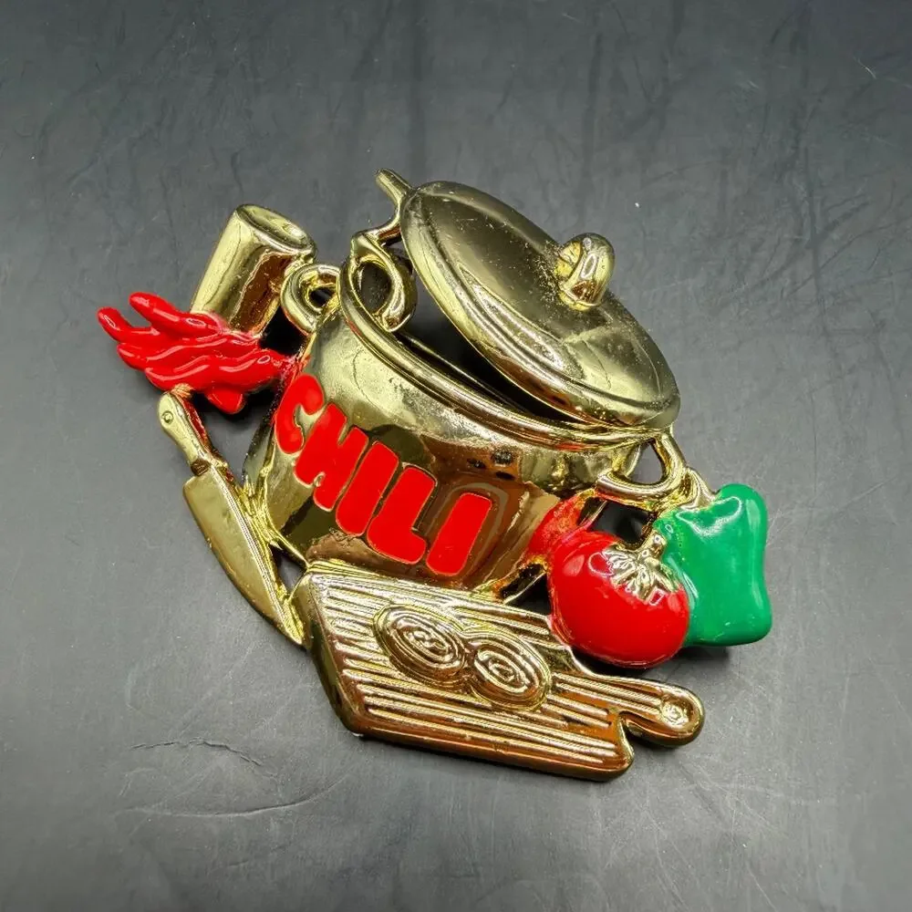Vintage Gold Tone Enamel Chili Cooking Pot Novelty Brooch Pin 2.5in